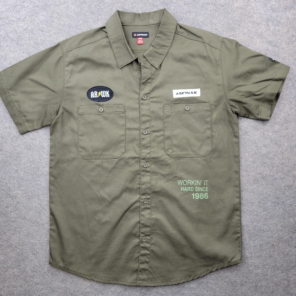 Airwalk Shirt Mens Medium Green Graphic Workwear Button Front Short‎ Sleeve